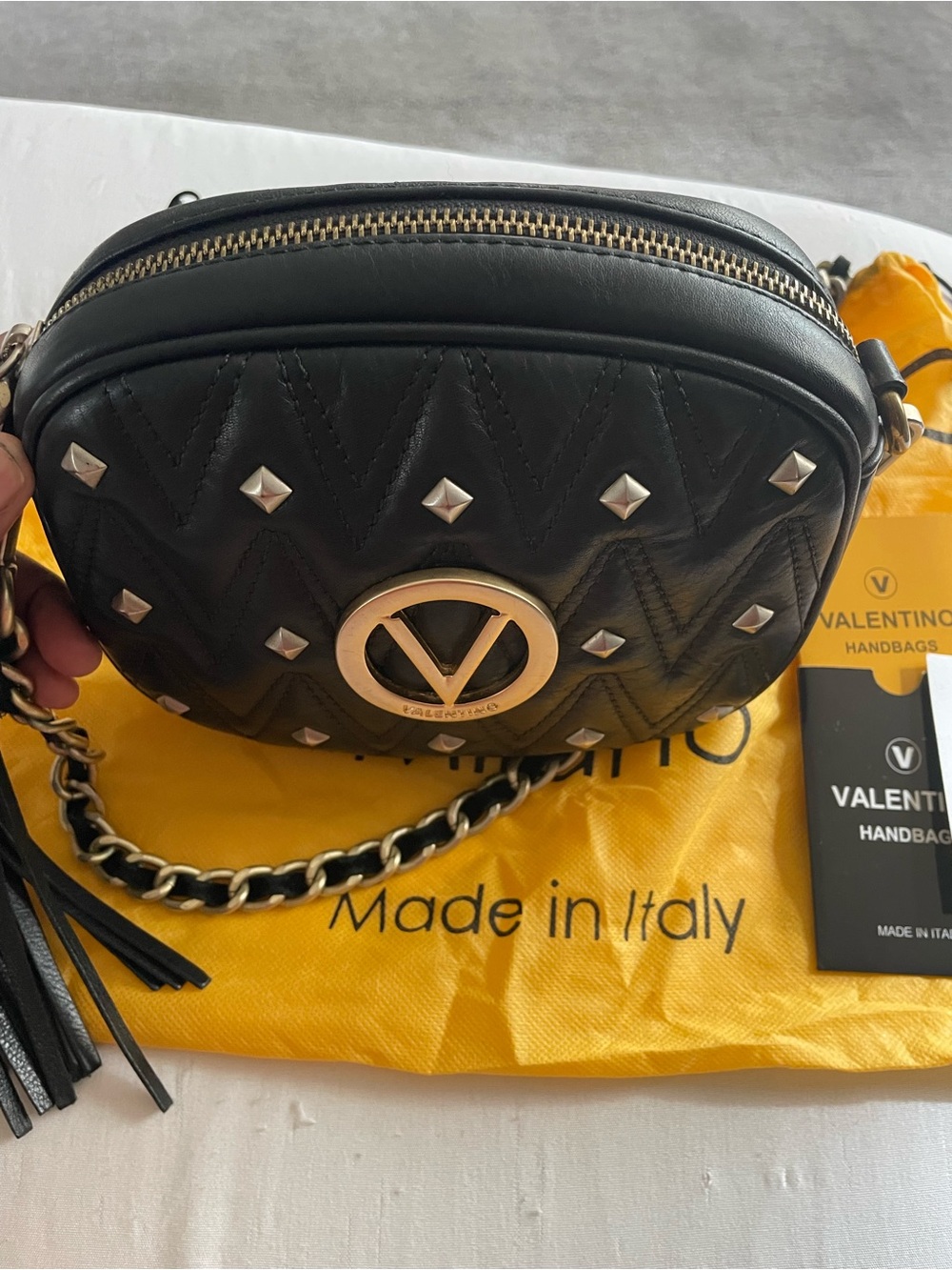 Valentino Black Quilted Studded Crossbody with Gold V Plaque - Picture 4 of 6
